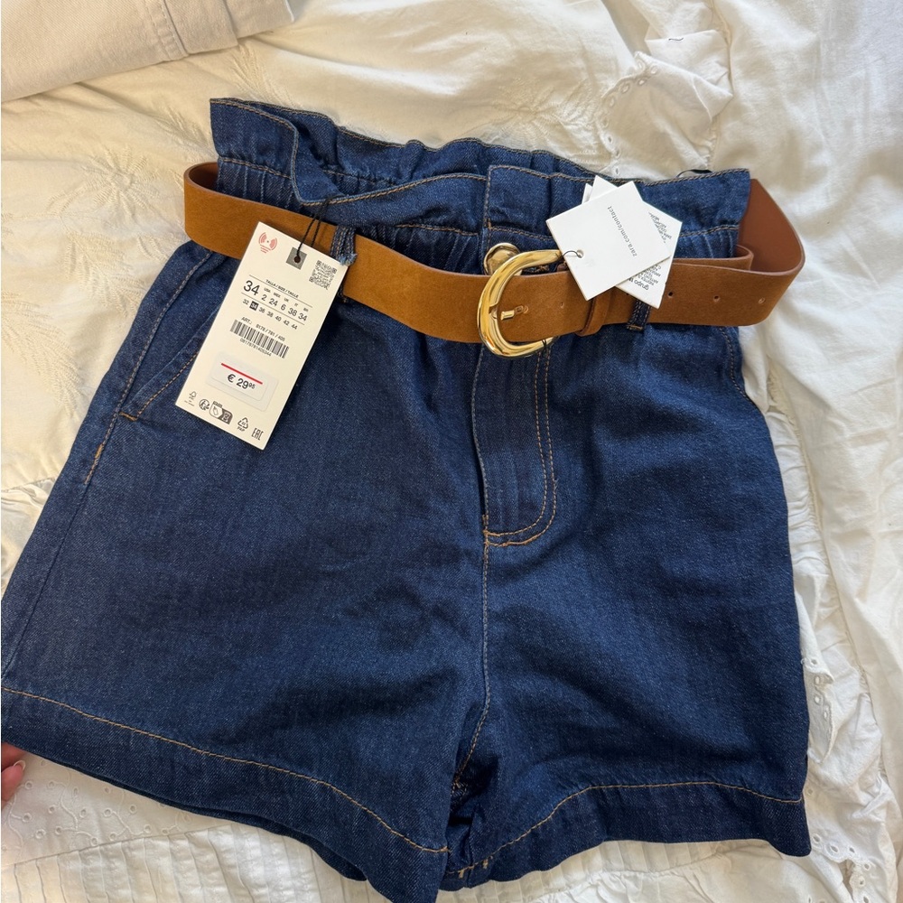Zara High Waist Denim Shorts with Tan Belt